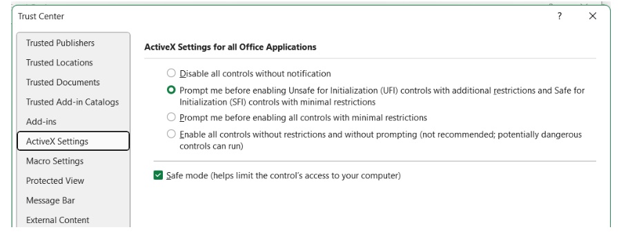 Trust Center: ActiveX settings (needed to enable some features used in the forms)