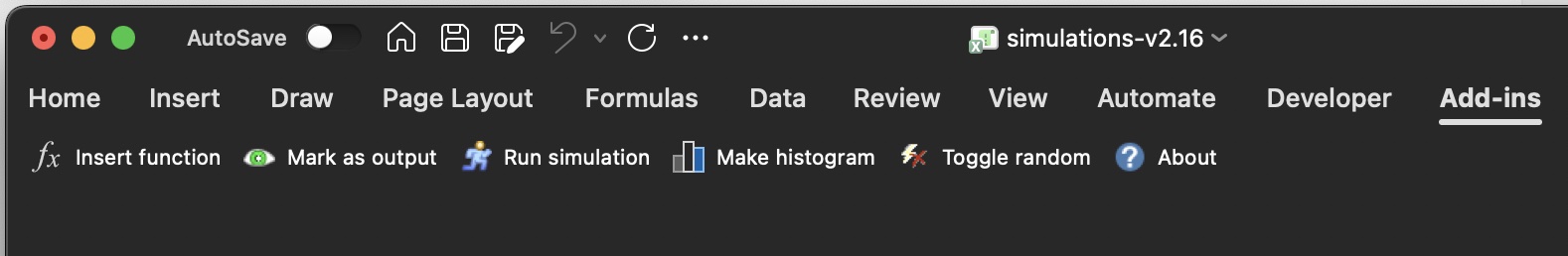 the simulations add-in toolbar