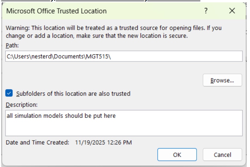 Trust Center: Example of a 'trusted folder'